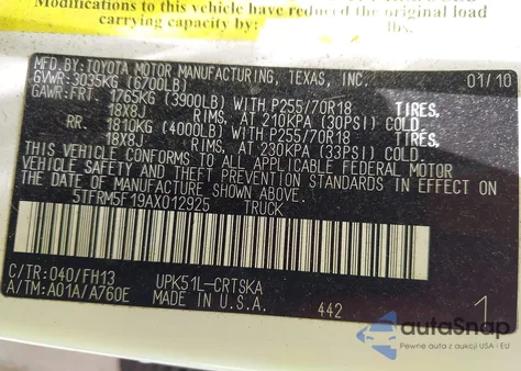 2010 Toyota Tundra Grade 4.6L V8 из США, поврежденный, VIN 5TFRM5F19AX012925